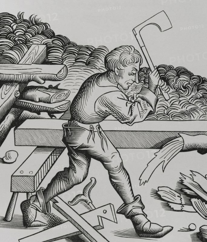 History of France. Carpenter's apprentice. ""Compagnons du Devoir"" or ""La Grande Cognee"". Facsimile of a drawing by Wohlgemuth (Michael Wolgemut), for the ""Nuremberg Chronicle"", 1493. ""Moeurs, usages et costumes au moyen-age et a l'epoque de la Renaissance"", by Paul Lacroix. Paris, 1878.