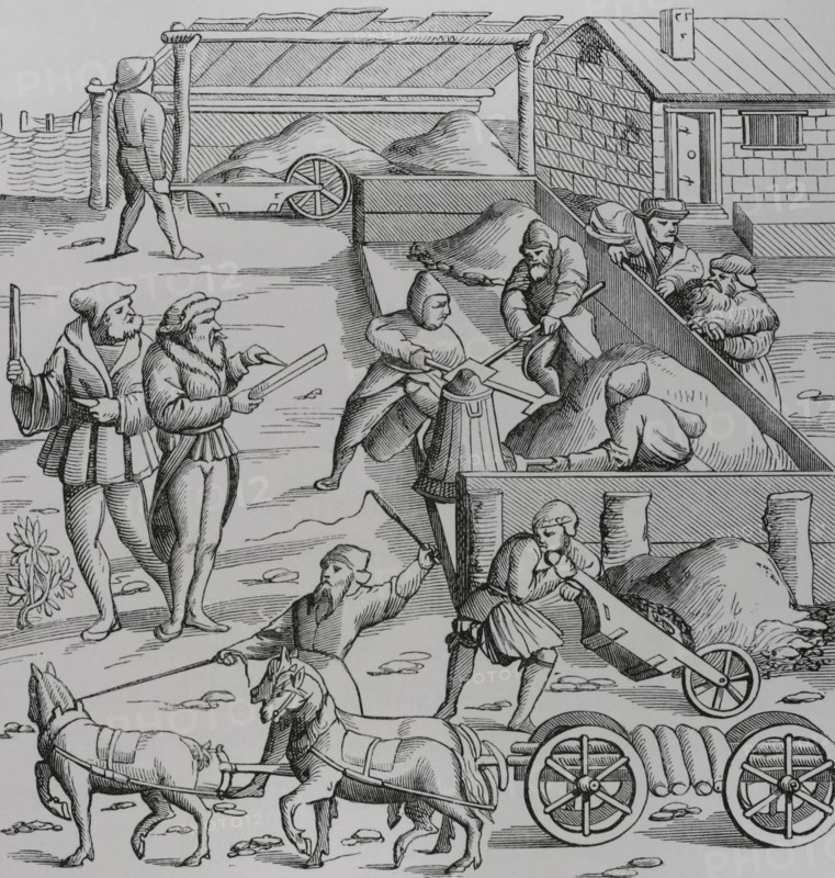 Extraction of metals. Engraving after a woodcut in Sebastian Munster's ""Cosmographia universalis"", published in Basel in 1552. ""Moeurs, usages et costumes au moyen-age et a l'epoque de la Renaissance"", by Paul Lacroix. Paris, 1878.