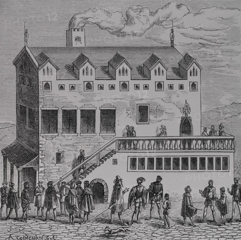 Paris, France. Hotel de la Chambre des comptes, in the courtyard of the Palais. Engraving by Albert Coinchon after a woodcut in Sebastian Munster's ""Cosmographia universalis"", published in Basel in 1552. ""Moeurs, usages et costumes au moyen-age et a l'epoque de la Renaissance"", by Paul Lacroix. Paris, 1878.