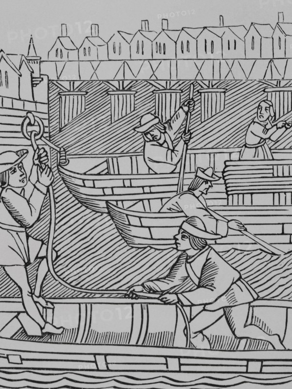 History of France. Toll under the bridges of Paris. Engraving after ""Ordonnances de la Prevoste des Marchands de Paris"", 1500. ""Moeurs, usages et costumes au moyen-age et a l'epoque de la Renaissance"", by Paul Lacroix. Paris, 1878.