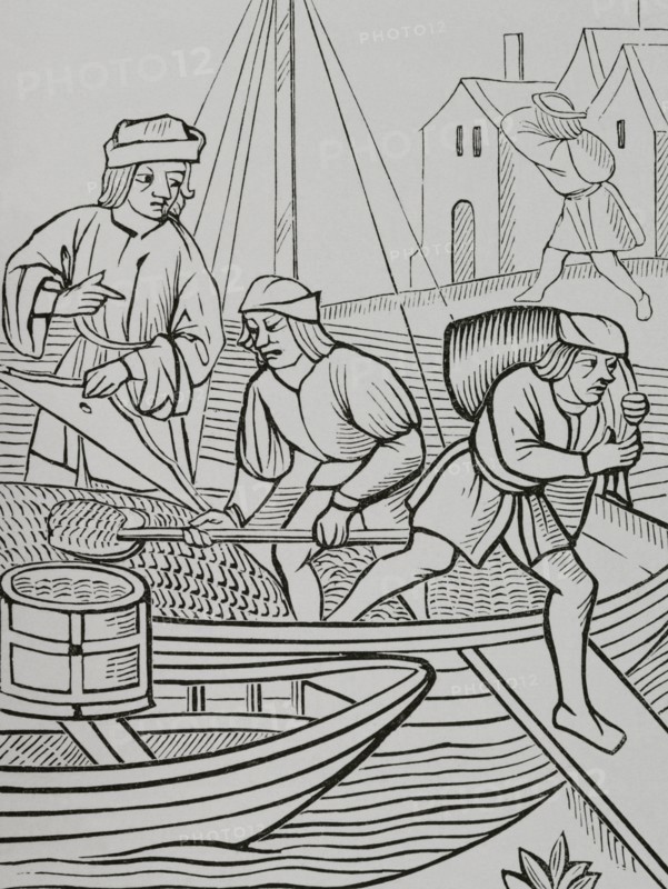 France. Paris. Measuring of salt. Engraving after ""Ordonnances de la Prevoste des Marchands de Paris"", 1500. ""Moeurs, usages et costumes au moyen-age et a l'epoque de la Renaissance"", by Paul Lacroix. Paris, 1878.