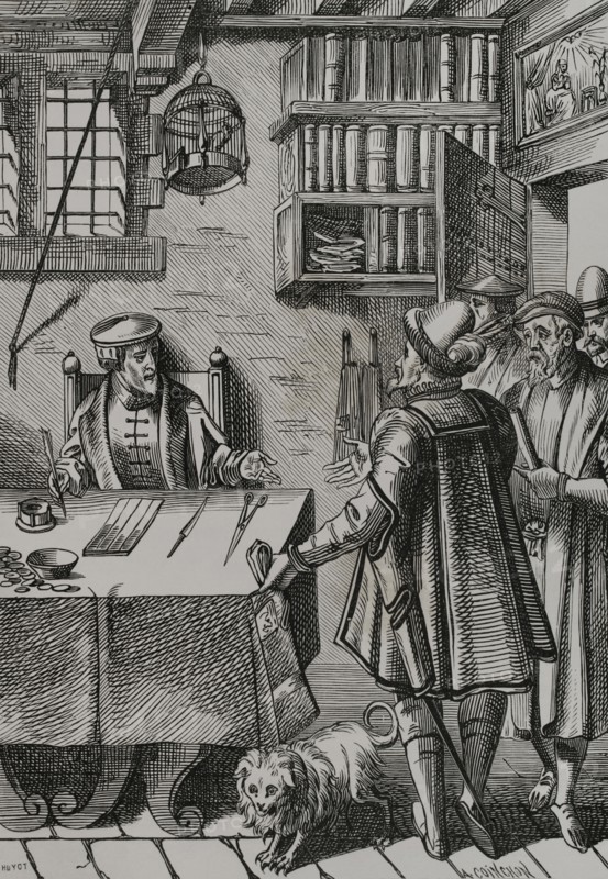 The Tax Collector. Drawing by Albert Coinchon and engraved by Huyot after a woodcut in ""Praxis Rerum Civilium"", by Joost de Damhouder (1507-1581). Published Antwerp, 1595. ""Moeurs, usages et costumes au moyen-age et a l'epoque de la Renaissance"", by Paul Lacroix. Paris, 1878.