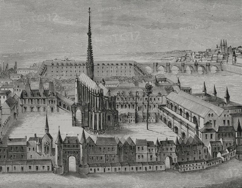 Paris, France. The Palais and the Sainte-Chapelle in the 16th century. Facsimile of an engraving of the period. ""Moeurs, usages et costumes au moyen-age et a l'epoque de la Renaissance"", by Paul Lacroix. Paris, 1878.