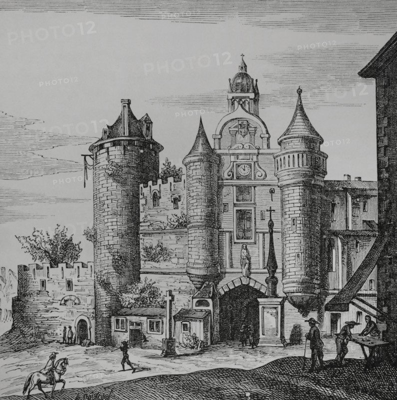 Paris, France. The Grand Chatelet. Fortress built by King Louis VI (1081-1137) on the right bank of the Seine River. It was rebuilt in stone after the Norman incursions. After its use as a fortress was discarded, it became the Provost of Paris' headquarter, housing prisons and torture chambers. It was demolished in 1808 by order of Napoleon. Main facade. Facsimile after an engraving by Matthäus Merian in ""Topographia Galliae"", by Martin Zeiler. Published Frankfurt, 1655. ""Moeurs, usages et costumes au moyen-age et a l'epoque de la Renaissance"", by Paul Lacroix. Paris, 1878.
