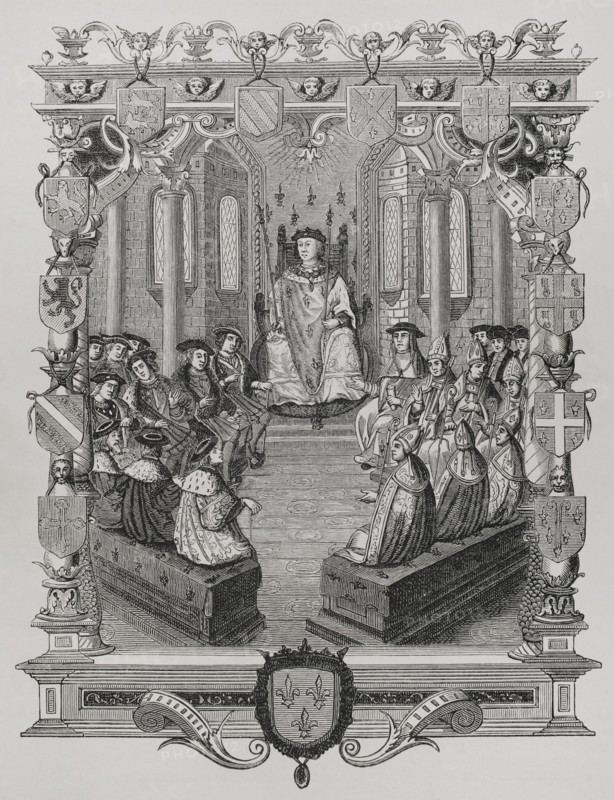 Charles III, Duke of Bourbon (1490-1527). French nobleman and military leader. Trial of the Constable of Bourbon before the court of Peers of France, 1523. 19th-century engraving after ""La Monarchie Francoise"", by Bernard de Montfaucon (1655-1741). Published in Paris, 1729. ""Moeurs, usages et costumes au moyen-age et a l'epoque de la Renaissance"", by Paul Lacroix. Paris, 1878.