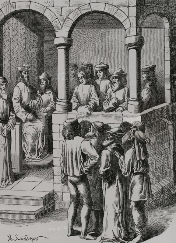 Promulgation of an Edict. Engraving by Albert Coinchon after a miniature in ""Anciennete des Juifs"", a 15th-century manuscript (French translation of the ""History of Josephus""). ""Moeurs, usages et costumes au moyen-age et a l'epoque de la Renaissance"", by Paul Lacroix. Paris, 1878.
