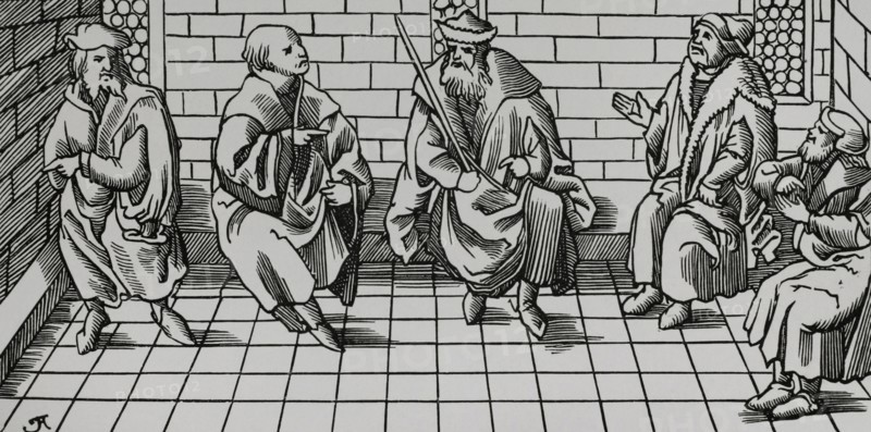 Bailiff's Court. Engraving after a woodcut in Sebastian Munster's ""Cosmographia universalis"", published in Basel in 1552. ""Moeurs, usages et costumes au moyen-age et a l'epoque de la Renaissance"", by Paul Lacroix. Paris, 1878.
