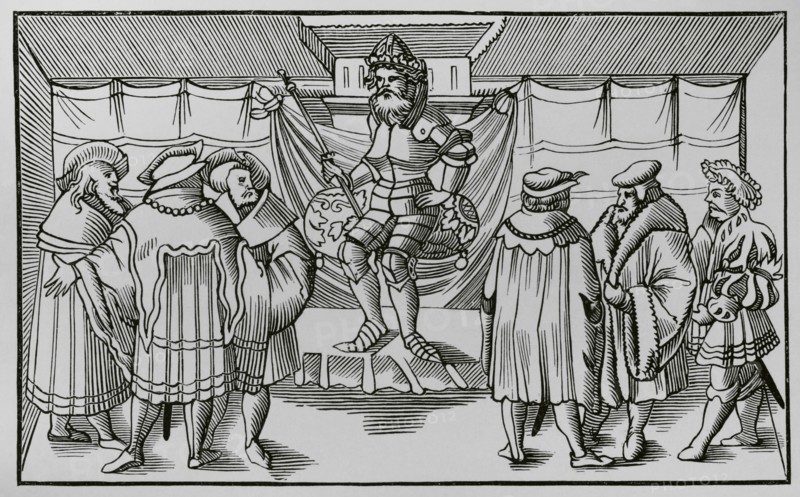 The Court of a Baron. Engraving after a woodcut in Sebastian Munster's ""Cosmographia universalis"", published in Basel in 1552. ""Moeurs, usages et costumes au moyen-age et a l'epoque de la Renaissance"", by Paul Lacroix. Paris, 1878.