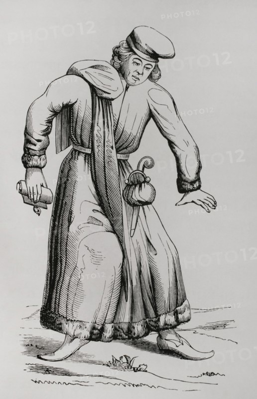 Lawyer. Engraving from the original by Matthaus Merian (1593-1650) in ""Danse des Morts"". ""Moeurs, usages et costumes au moyen-age et a l'epoque de la Renaissance"", by Paul Lacroix. Paris, 1878.