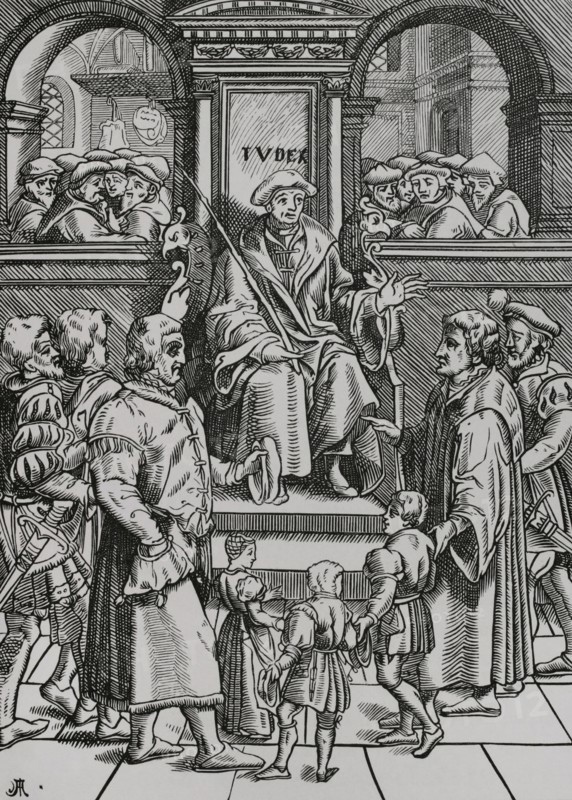 Adoption of orphan children in the Inferior Court of the Great Bailiwick. Facsimile after a woodcut in ""Le refuge et garand des pupilles, orphelins et prodigues"" by Joost de Damhouder (1507-1581). Published Antwerp, 1557. ""Moeurs, usages et costumes au moyen-age et a l'epoque de la Renaissance"", by Paul Lacroix. Paris, 1878.