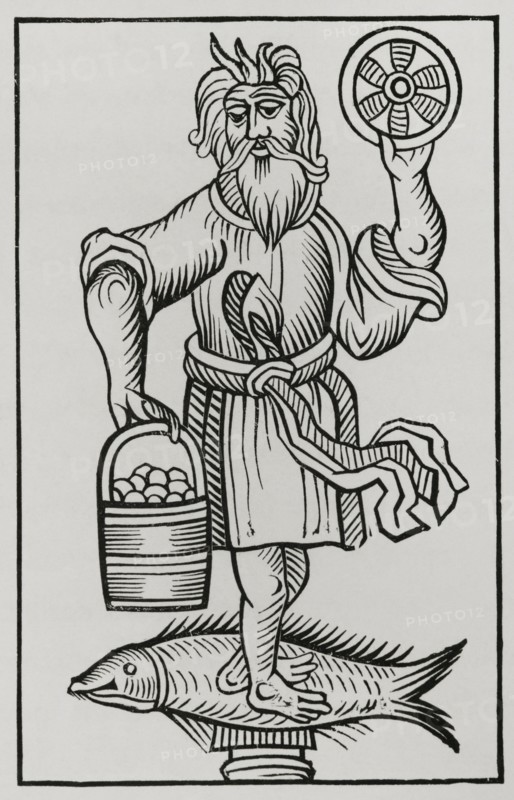 Crodon. Idol of the ancient Saxons. Facsimile of an engraving in ""Annales Circuli Westphaliae"" by Herman Stangefol, published in 1656. ""Moeurs, usages et costumes au moyen-age et a l'epoque de la Renaissance"", by Paul Lacroix. Paris, 1878.