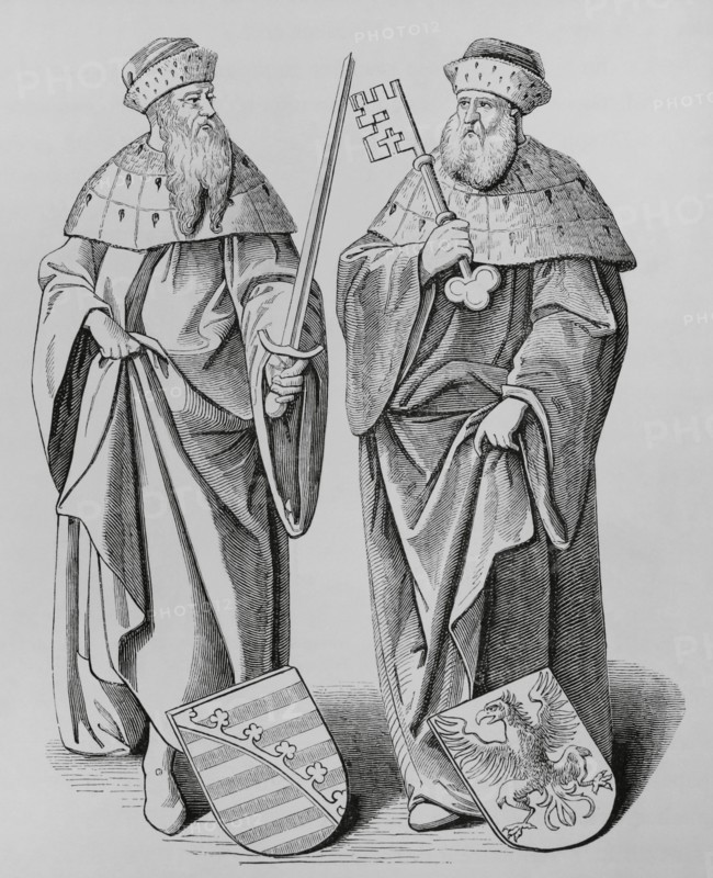 The Duke of Saxony and the Marquis of Brandenburg. Engraving by Viericx after Gerard de Jode (1517-1591) in ""Theatrum Orbis Terrarum sive Veteris Geographiae Tabulae"", 1624. ""Moeurs, usages et costumes au moyen-age et a l'epoque de la Renaissance"", by Paul Lacroix. Paris, 1878.