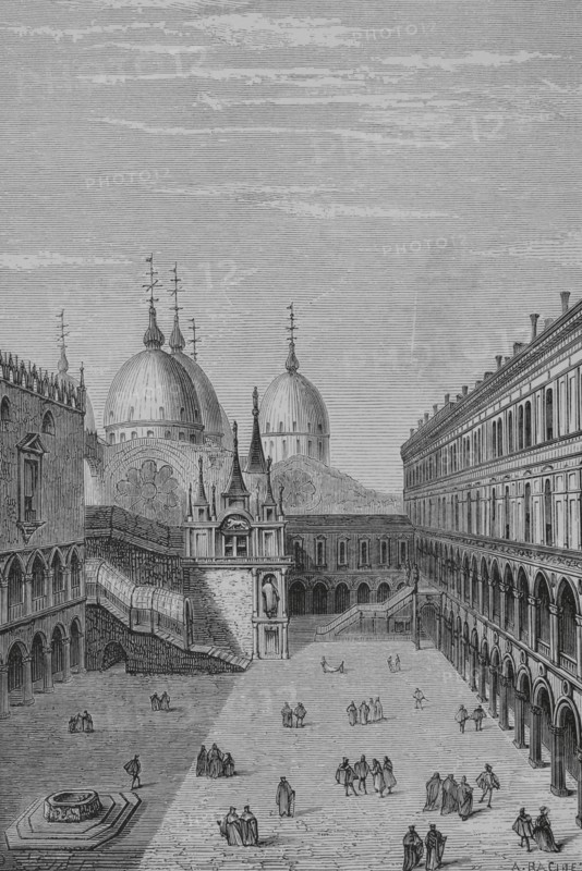 Courtyard of the Doge's Palace in Venice. Buildings where the wells and drains were located. Engraving by A. Racinet after Cesare Vecellio (1530-1601) in ""De gli habiti antichi et moderni di diversi parti del mondoi"". Venice, 1590. ""Moeurs, usages et costumes au moyen-age et a l'epoque de la Renaissance"", by Paul Lacroix. Paris, 1878.