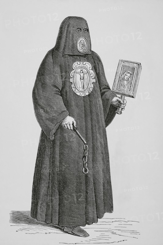 Member of the Brotherhood of Death in Venice. They accompanied those sentenced to death to execution and buried them. One of the seven works of corporal mercy. Engraving after Cesare Vecellio (1530-1601) in ""De gli habiti antichi et moderni di diversi parti del mondoi"". Venice, 1590. ""Moeurs, usages et costumes au moyen-age et a l'epoque de la Renaissance"", by Paul Lacroix. Paris, 1878.