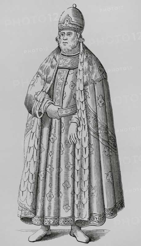 Doge of Venice in ceremonial costume. 16th century. Engraving after Cesare Vecellio (1521-1601) in ""De gli habiti antichi et moderni di diversi parti del mondo"", published in Venice, 1590. Moeurs, usages et costumes au moyen-age et a l'epoque de la Renaissance"", by Paul Lacroix. Paris, 1878.