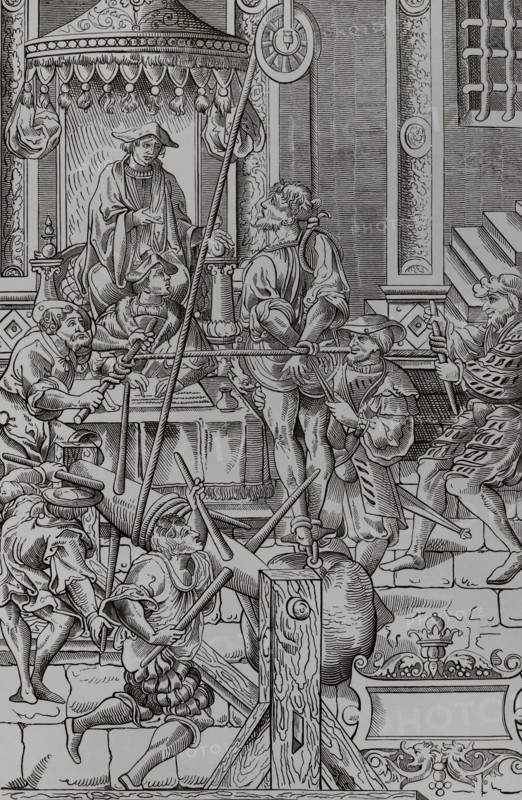 Medieval torture scene. The Estrapade, or Question Extraordinary. Torture consisted of gradually tightening the prisoner's restraints by turning a wheel until a confession was extracted or his life was endangered. Facsimile of an engraving in ""Praxis Criminalis Persequendi"", by J. Millaeus, published in Paris in 1541. ""Moeurs, usages et costumes au moyen-age et a l'epoque de la Renaissance"", by Paul Lacroix. Paris, 1878.