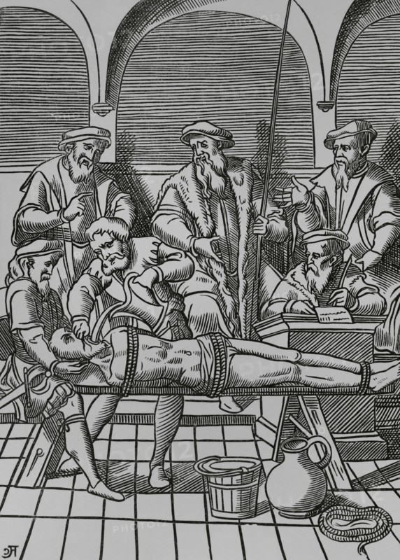 The Water Torture. The prisoner was tied with ropes to a sloping ladder or surface so that his head was lower than his feet. In this position, a cloth was forced down into his mouth, and water was slowly poured down his throat with a pitcher so that he swallowed it until it burst. Facsimile of an engraving from ""Praxis Rerum Criminalium"", by J. Damhouder"". Antwerp, 1556. ""Moeurs, usages et costumes au moyen-age et a l'epoque de la Renaissance"", by Paul Lacroix. Paris, 1878.