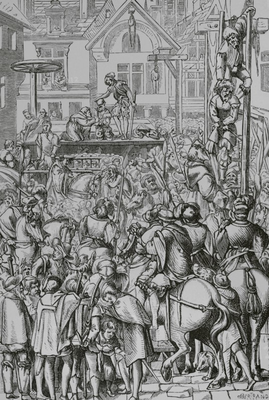 Public execution. Facsimile of an engraving in ""Praxis Criminalis Persequendi"", by Johannes Millaeus, published in Paris in 1541. ""Moeurs, usages et costumes au moyen-age et a l'epoque de la Renaissance"", by Paul Lacroix. Paris, 1878.