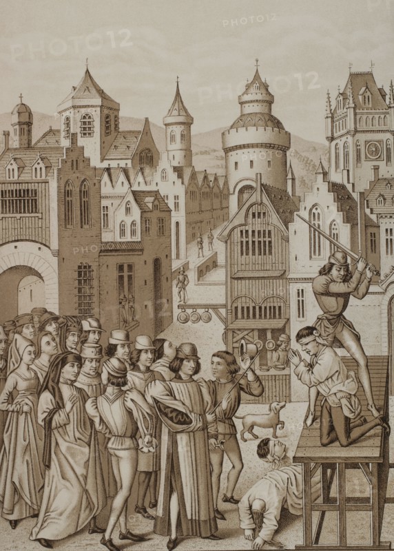 Decapitation of Guillaume de Pommiers and his confessor, John Coulon, at Bordeaux in 1377 under orders from Sir Thomas Felton, English seneschal of the city. Illustration after ""Froissart's Chronicles"". ""Moeurs, usages et costumes au moyen-age et a l'epoque de la Renaissance"", by Paul Lacroix. Paris, 1878.