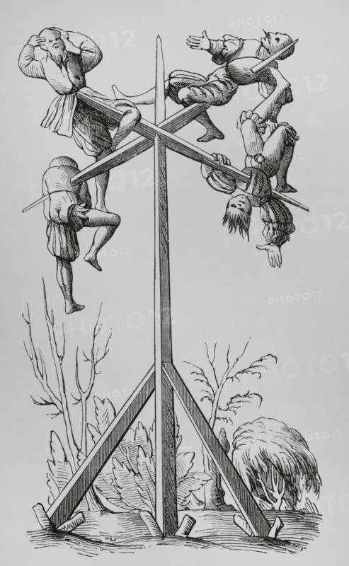 Impalement. Engraving after a woodcut in Sebastian Munster's ""Cosmographia universalis"", published in Basel in 1552. ""Moeurs, usages et costumes au moyen-age et a l'epoque de la Renaissance"", by Paul Lacroix. Paris, 1878.