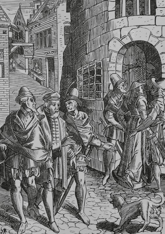 Paris, France. The Provost's prison, rue de la Tannerie. Engraving after a woodcut in ""Praxis Rerum Civilium"", by Joost de Damhouder (1507-1581). Published Antwerp, 1596. ""Moeurs, usages et costumes au moyen-age et a l'epoque de la Renaissance"", by Paul Lacroix. Paris, 1878.