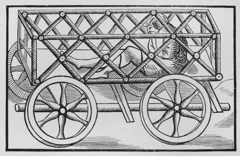 Medieval torture. Movable iron cage. Engraving after a woodcut in Sebastian Munster's ""Cosmographia universalis"", published in Basel in 1552. ""Moeurs, usages et costumes au moyen-age et a l'epoque de la Renaissance"", by Paul Lacroix. Paris, 1878.