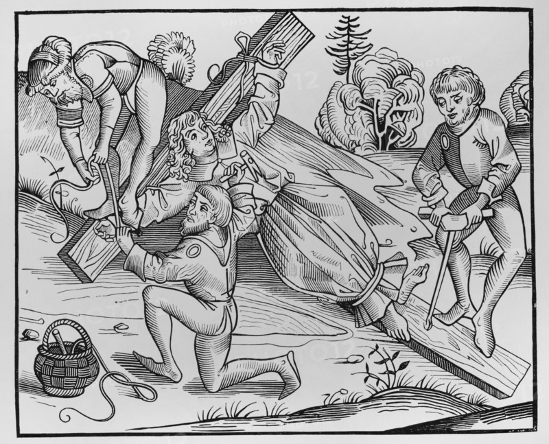 Richard de Pontoise (ca. 1170-1179). Legend of the infant Richard of Pontoise crucified by Jews. Engraving after ""Liber Chronicarum Mundi"", with drawings by Pierre Wolgmuth. Nuremberg, 1493. ""Moeurs, usages et costumes au moyen-age et a l'epoque de la Renaissance"", by Paul Lacroix. Paris, 1878.