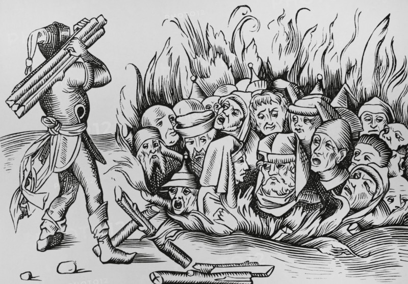 The Jews of Cologne burnt alive on the night of 23-24 August 1349. Facsimile from an engraving in ""Liber Chronicarum Mundi"". Nuremberg, 1493. ""Moeurs, usages et costumes au moyen-age et a l'epoque de la Renaissance"", by Paul Lacroix. Paris, 1878.