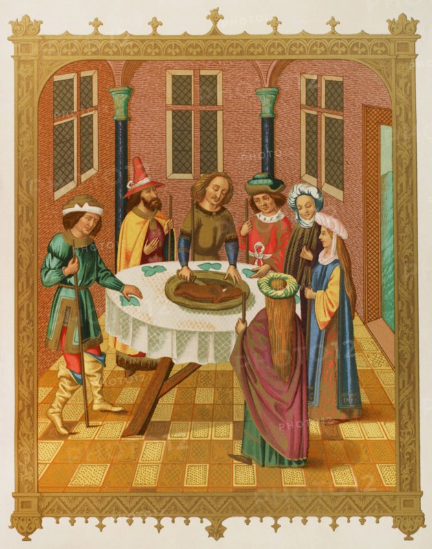The Jews Passover. Facsimile of a miniature from a 15th-century missal, ornamented with paintings of the School of Van Eyck. Chromolithography. ""Moeurs, usages et costumes au moyen-age et a l'epoque de la Renaissance"", by Paul Lacroix. Paris, 1878.
