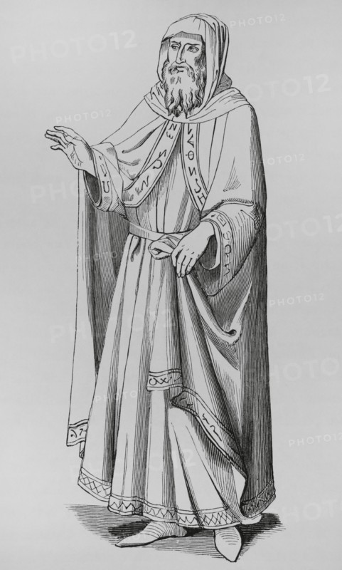 Costume of an Italian Jew in the 14th century. Engraving after a painting by Sano di Pietro (1406-1481). ""Moeurs, usages et costumes au moyen-age et a l'epoque de la Renaissance"", by Paul Lacroix. Paris, 1878.