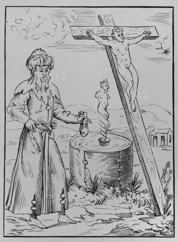 Legend of the Jew calling the devil from a vessel of blood. Engraving after a woodcut in ""Histoires Prodigieuses"" by Pierre Boaistuau. Published Paris, 1560. ""Moeurs, usages et costumes au moyen-age et a l'epoque de la Renaissance"", by Paul Lacroix. Paris, 1878.
