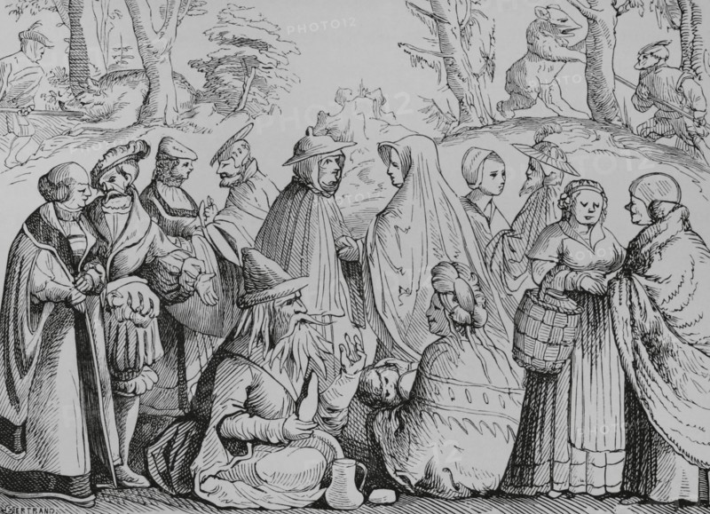 Gipsies fortune telling. Engraving after a woodcut in Sebastian Munster's ""Cosmographia universalis"", published in Basel in 1552. ""Moeurs, usages et costumes au moyen-age et a l'epoque de la Renaissance"", by Paul Lacroix. Paris, 1878.