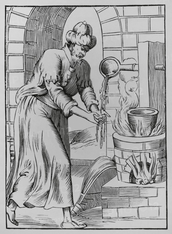 The gipsy who washed his hands in molten lead. 19th century engraving after a woodcut in ""Histoires Merveilleuses"" by Pierre Boaistuau (1517-1566). Published in Paris, 1560. ""Moeurs, usages et costumes au moyen-age et a l'epoque de la Renaissance"", by Paul Lacroix. Paris, 1878.