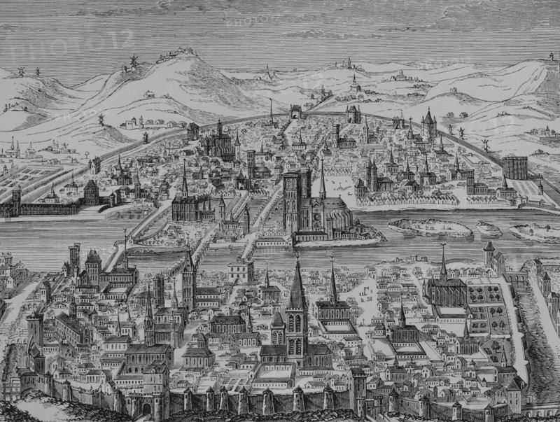 France. Perspective of the city of Paris in 1607. Facsimile pf a copperplate by Leonard Gaultier (1561-1641). ""Moeurs, usages et costumes au moyen-age et a l'epoque de la Renaissance"", by Paul Lacroix. Paris, 1878.