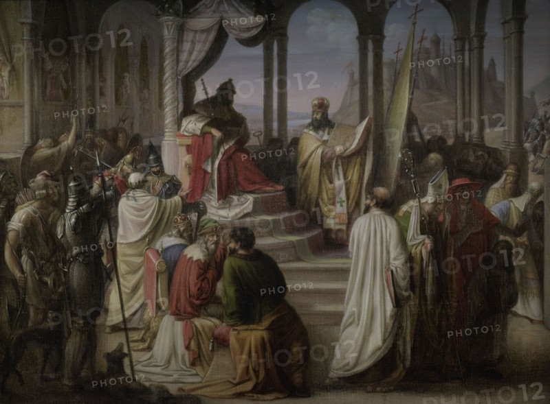 Vladimir I of Kiev (958-1015). Grand Prince of Kiev and Prince of Novgorod. Prince Vladimir chooses a religion in 988. Painting by Johann Leberecht Eggink (1784-1867), 1822. Oil on canvas (55,5 x 74 cm). Latvian National Museum of Art. Riga, Latvia.