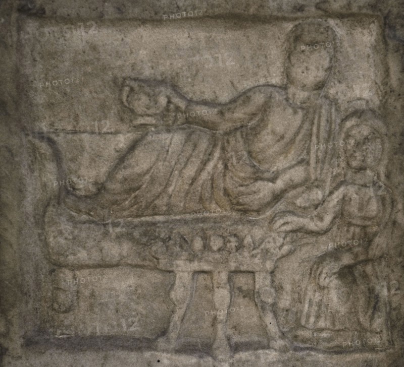 Detail of a plate about the emancipation of the slave Kerdola in the year 272. Funeral feast. Third quarter of the 3rd century AD. From Ennea Hodoi (Amphipolis), Greece. National Archaeological Museum. Sofia. Bulgaria.
