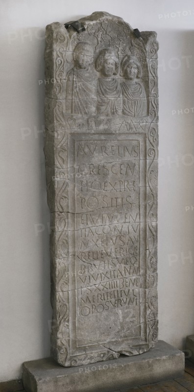 Stele erected by Praepositus Aurelius Crescentius and his wife Vincentia in memory of Aurelia Vericia. Family portrait. Dated to the beginning of the 4th century AD. From Montana, Bulgaria. National Archaeological Museum. Sofia. Bulgaria.