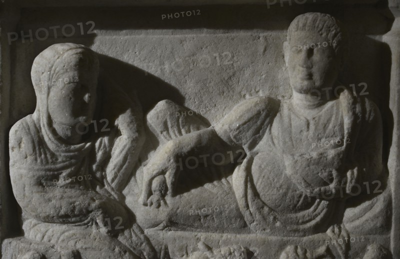Funeral feast. Stele of Apellas, son of Xenon, and his wife Glykytes, daughter of Haireos. Detail. Early Roman Empire. National Archaeological Museum. Sofia. Bulgaria.