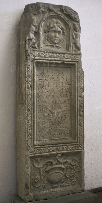 Stele erected by Cassia Cogitata in memory of her parents Cassius Felix and Cassia Lacaena, and her son Vetsidius Super. Decorated with reliefs of Medusa and a krater with vine branches. Dated to the middle of the 2nd century AD. From Archar (Ratiaria), Vidin province, Bulgaria. National Archaeological Museum. Sofia. Bulgaria.