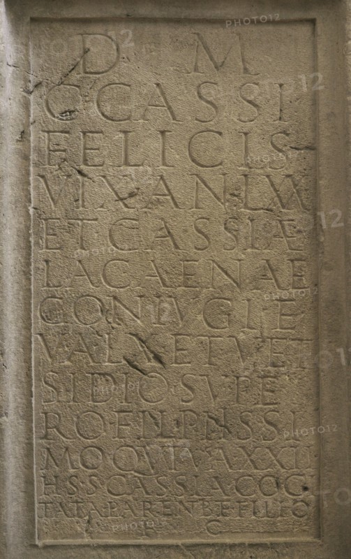Stele erected by Cassia Cogitata in memory of her parents Cassius Felix and Cassia Lacaena, and her son Vetsidius Super. Detail of the inscription. Dated to the middle of the 2nd century AD. From Archar (Ratiaria), Vidin province, Bulgaria. National Archaeological Museum. Sofia. Bulgaria.
