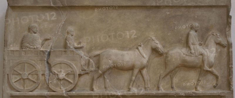 Relief depicting a scene of wheeled transport from Lower Moesia and Thrace. Marble. Early 4th century BC. Sarcophagus of Shapla-dere, Maritsa River delta, Northern Greece. National Archeological Museum. Sofia. Bulgaria.