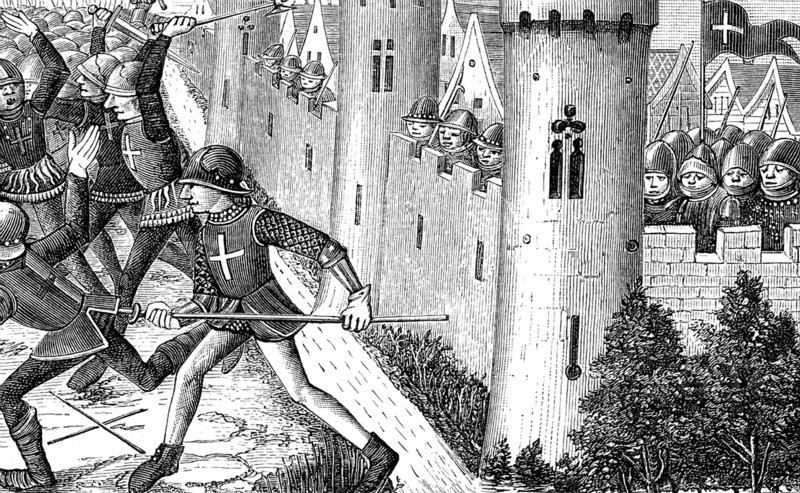 This 1484 engraving that is housed in the National Library in Paris illustrates French troops in 1429 counter-attacking the English laying siege to Compiegne. Joan of Arc was leading the French outside the town. When she retreated, she did not managed to make it inside before the drawbridge was closed and the English took her prisoner.