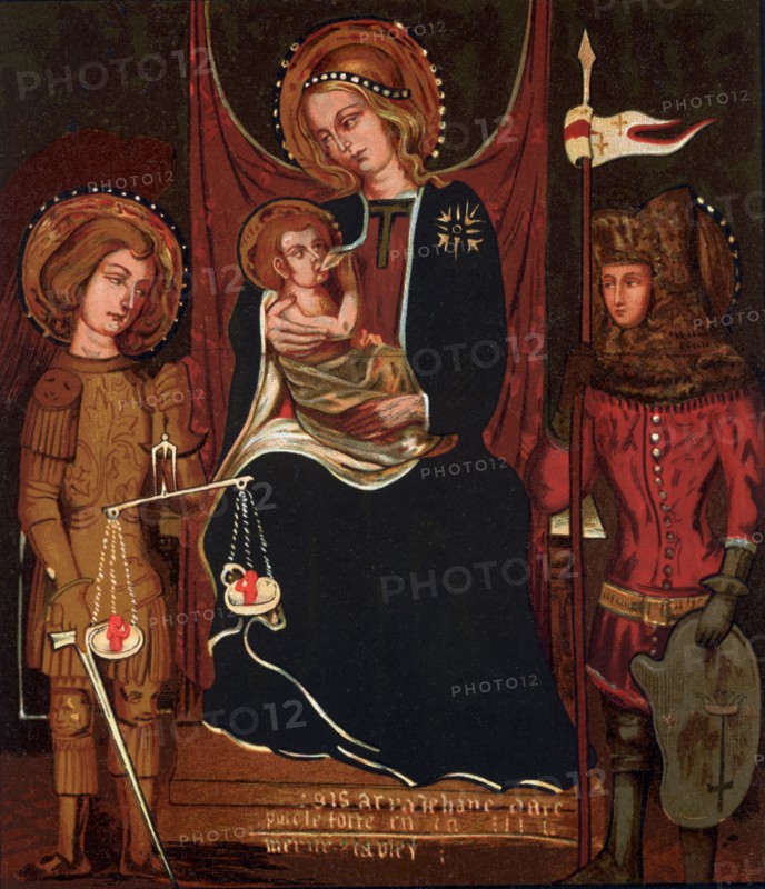 The Virgin Mary, with the infant Jesus, St Michael and Joan of Arc. Painted with egg tempera in the time of Joan and recently restored by M Auvray, in Paris. St Michael holds a scale in which he weighs the souls, Joan holds her standard in one hand, and in the other her armor. Just as the Virgin, the infant Jesus, and St Michael, she has a halo, an attribute of sanctity. So reads the English translation of the French caption accompanying this image. .