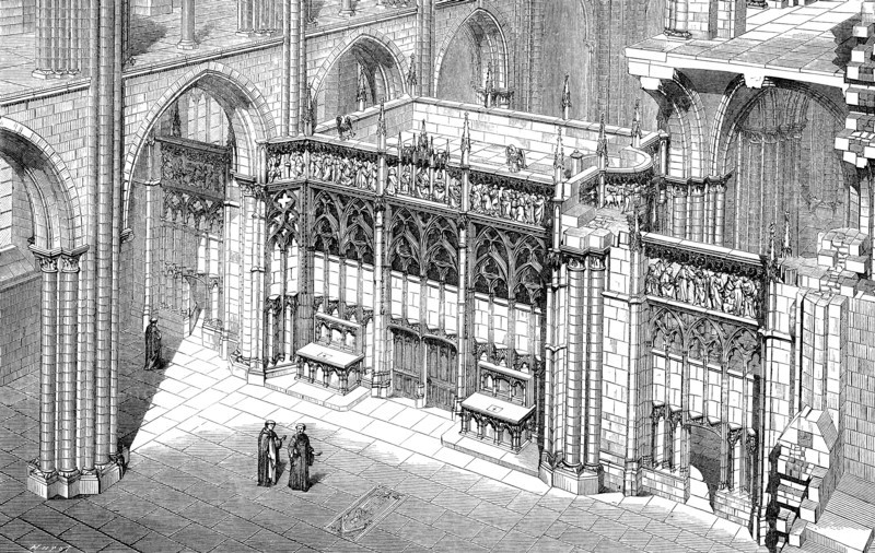 Joan of Arc (1412-1431) is a French saint and national heroine. In 1430, she was captured by the English as she retreated to Compiegne. A trial was held at Rouen. Some of the proceedings took place in this Abbey of Fecamp. This engraving dates to the 1400s.