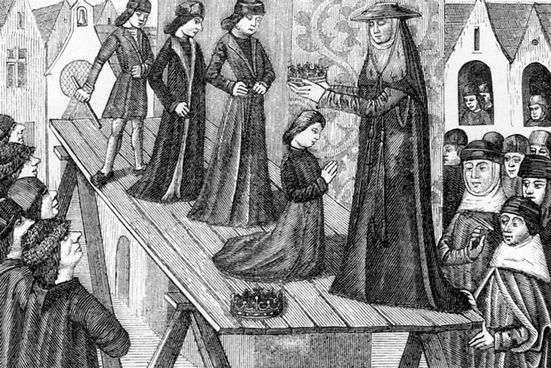 In this miniature from ""Vigiles de Charles VII"" that dates to 1484, Henri VI of England is shown being crowned king of France as well. The coronation took place on December 16, 1431, when Winchester, a cardinal from England, cane to Notre Dame Cathedral in Paris and crowned the young Henry with the two crowns, one of England and one of France. This happened after the French, under Joan of Arc, defeated the English and the English were trying to protect their interest in France.