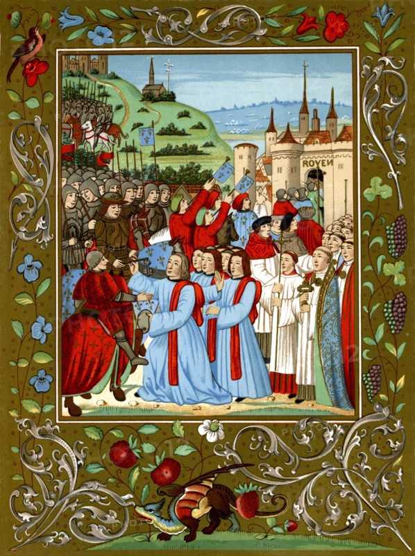 Charles and Rouen: King Charles VII of France enters the castle at Rouen, October 26, 1449. Charles is riding the horse draped in a red mantle (at lower left). The magistrates of the city pay homage to him and one presents him with the keys to the city. Charles sent Joan of Arc to siege of Orleans.