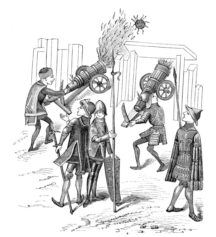This detailed illustration depicts a French unit with its commandaing officer from the time period of the Hundred Years' War between the French and English (1337-1453). Two of the soldiers are loading and shooting two cannon. The engraving is from the Chronicles of Hainaut. Hainaut was the name of an area that is now in Belgium. .