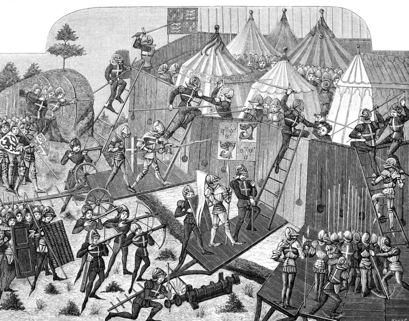 This detailed illustration depicts a battle in 1443, the time of the Hundred Years' War between the French and English (1337-1453). French soldiers, with their standards that show they support the Dauphin Louis, are besieging a fortress near Dieppe. The engraving is from the Chronicle of Charles VII and dates to the 1499s. This particular battle took place in August 1443.