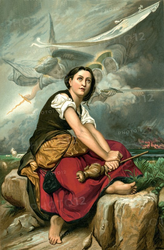 This illustration shows Joan of Arc hears the voices of Saint Michael, Saint Catherine, and Saint Margaret, who order her to aid the king of France and assure her that God will help her. This painting by Benouville dates to the 19th century and is preserved in the house of Joan of Arc at Domremy.