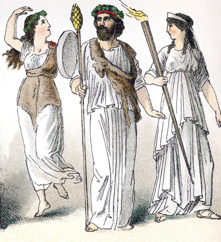 The figures illustrate ancient Greek religious figures: from left to right, a female Bacchant, a priest of the god Bacchus, and a priestess.